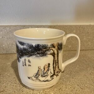 White Ceramic Asian Art Mug with Tree and Figure